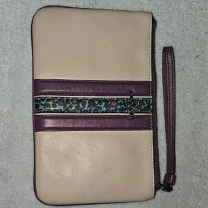 Coach Purple and Cream Wristlet with Floral Accent